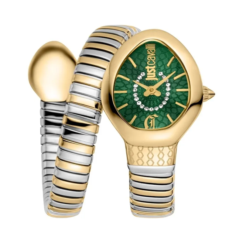 Gold Color Case Dark Green Dial Two Tone SS Women's Snake Watch - Just Cavalli