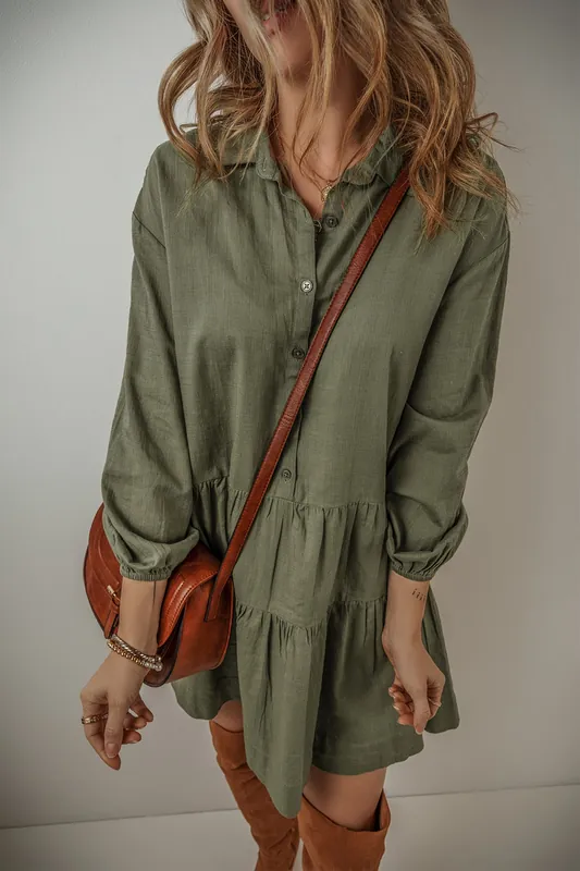 Jungle Green Puff Sleeve Buttoned Tiered Pleated Shirt Mini Dress - Everyday The Label