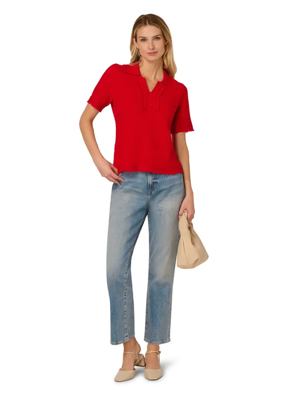 Short Sleeve Button Front Polo Fray Edge Sweater - Adrianna Papell