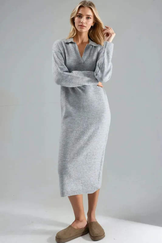 Ribbed Polo Collar Maxi Knit Dress - MyFashion