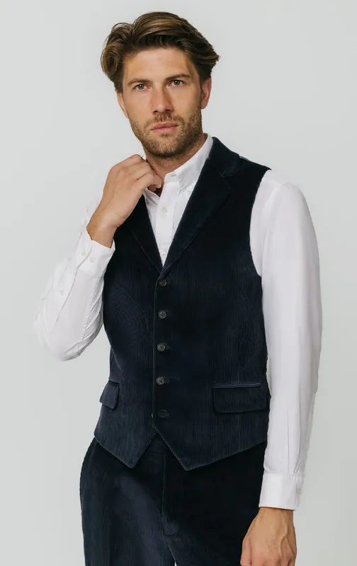 Navy Corduroy Notch Lapel Waistcoat - Dobell