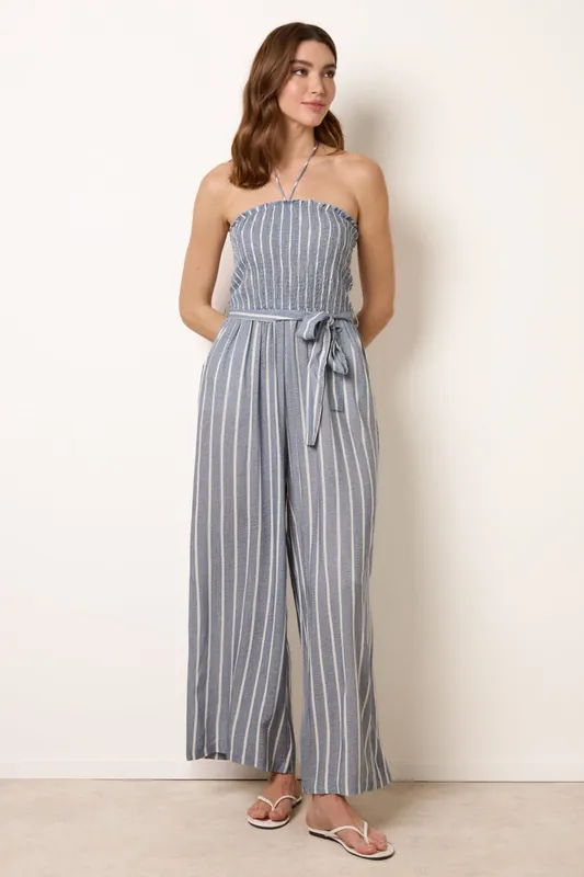 Blue Bardot Tie Neck Pinstripe Jumpsuit - Blue Vanilla