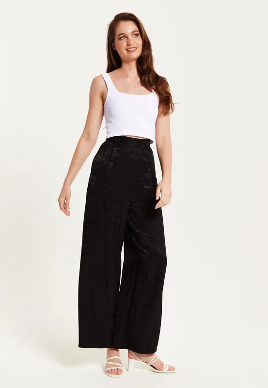 Black Animal Print Wide Leg Trousers - Liquorish