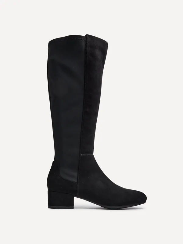 Sloane Black Faux Suede Long Low Heeled Boot - Linzi