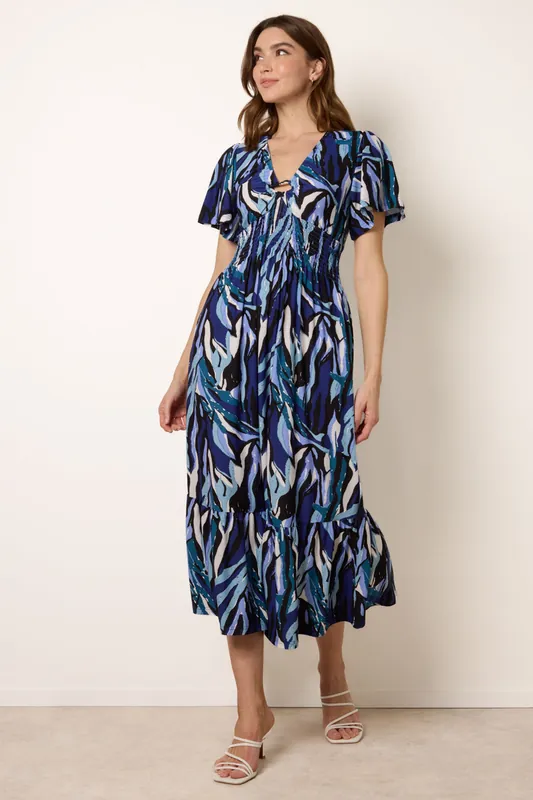 Navy Ring Detail Printed Dress - Blue Vanilla
