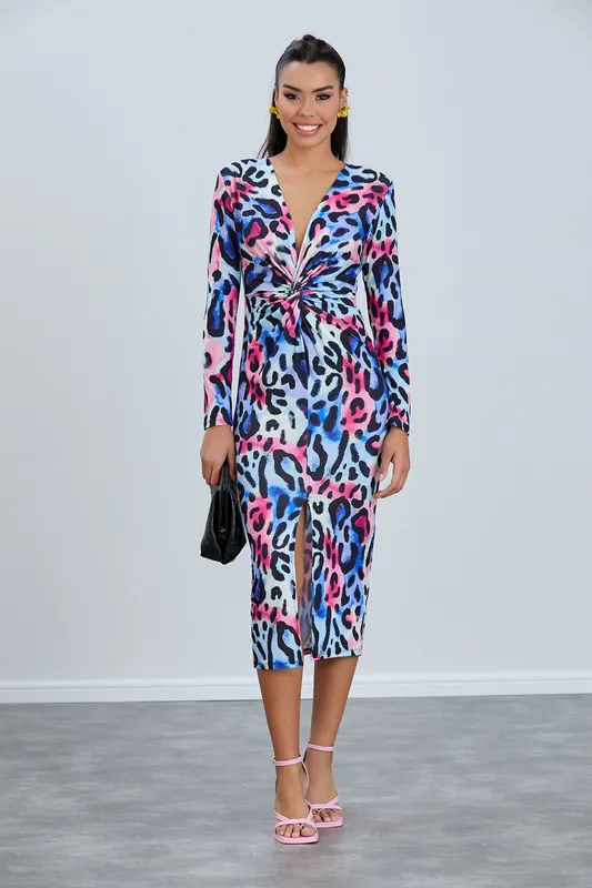 Leopard Print Twist Midi Dress with Long Sleeves - Belissh