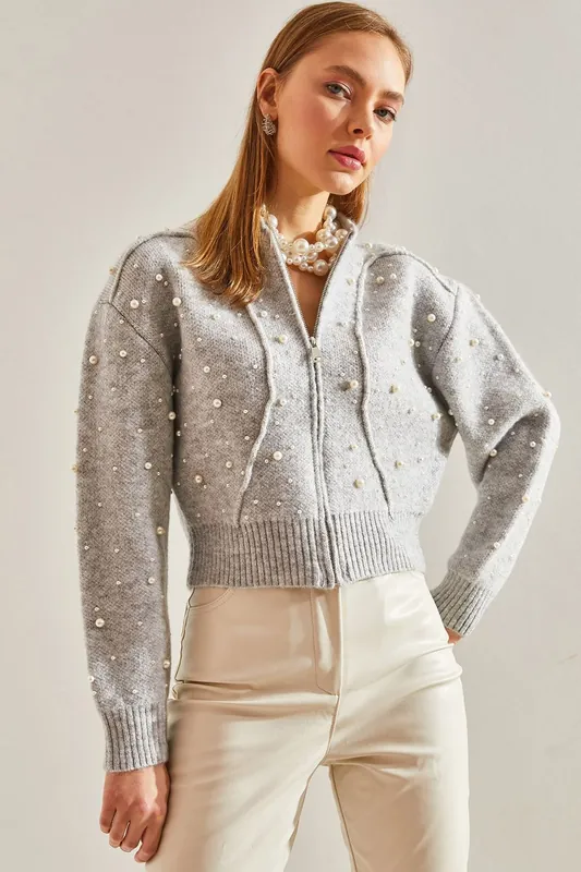 Pearl Embellished Zip-Up Crop Cardigan