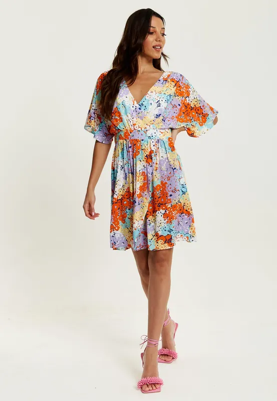 Multicolour Floral Print Mini Dress With Open Back - Liquorish