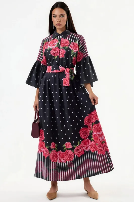 Floral Maxi Dress with Shirt Collar and Button Closure - MSN Collection