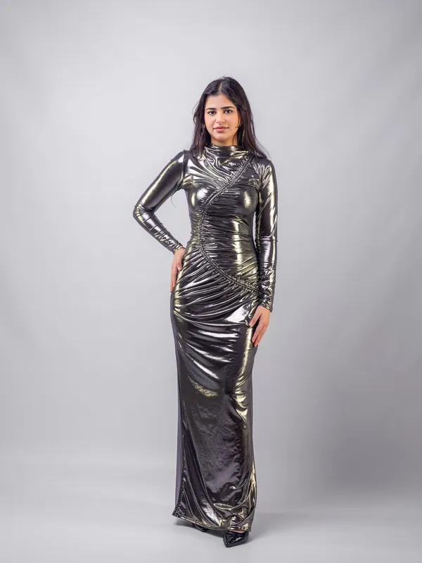 Venechia Foil Deep Tail Gathered Maxi Dress - AVINCI