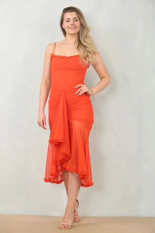 Ruched Bodycon Mesh Classic Party Midi Dress - AVINCI