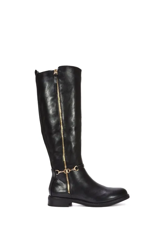 Azalea' Knee High Zip Up Flat Low Heel Boots - XY London