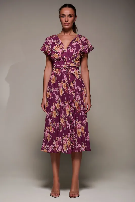 Printed Ruffle Detail Pleated Chiffon Midi Dress - Jolie Moi