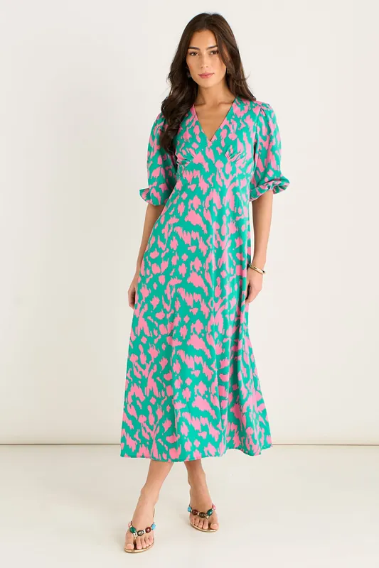 Green Animal Print V Neck Shift Midi Dress - Gini London