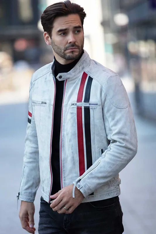 Real Leather Biker Jacket With Contrast Stripes - Ashwood Leather