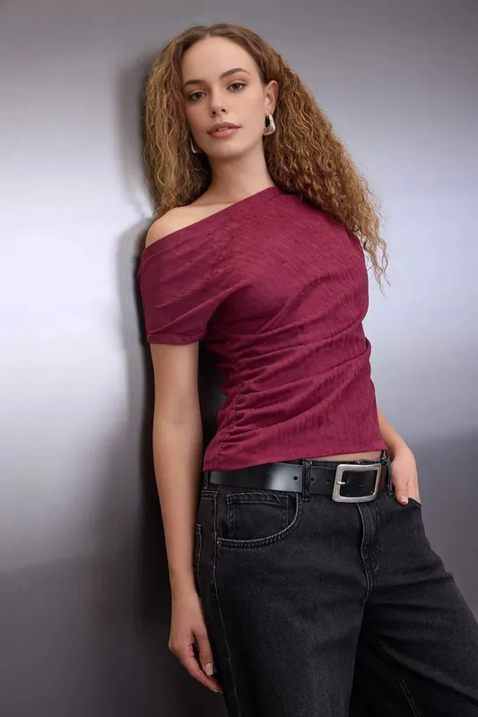 Asymmetric Neck Stretch Knit Suedette Blouse - WOVCOR