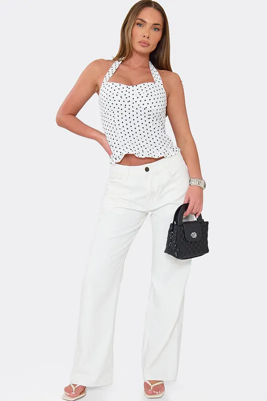 Strappy Halter Neck Frill Trim Polka Dot Corset Top - EGO