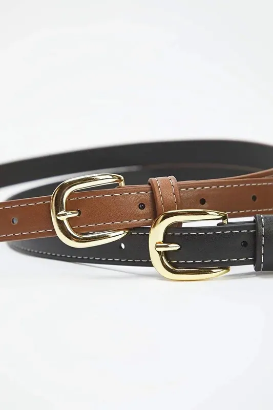 Double Pack Gold Buckle Contrast Stitch Slim Fashion Belt - WOVCOR