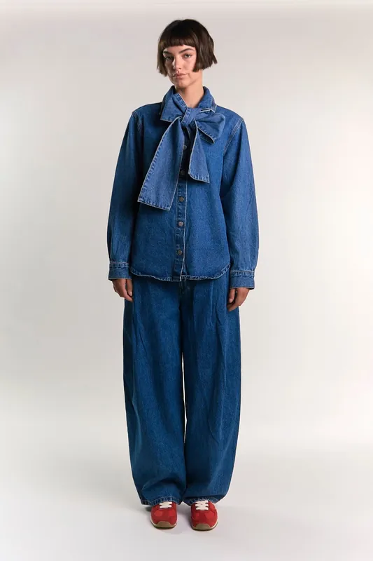 Pussy Bow Denim Blouse - Shnoo