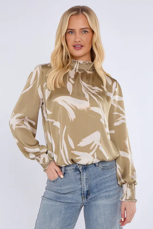 Olive Abstract Brushstroke Shirred Cuff Blouse - Love Sunshine