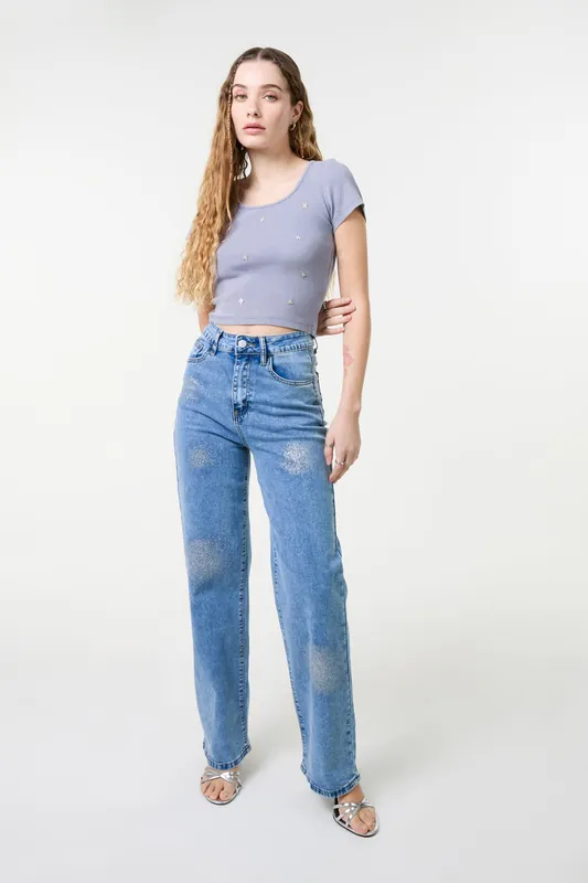 Blue Embellished Wash Rib Top - Pink Vanilla