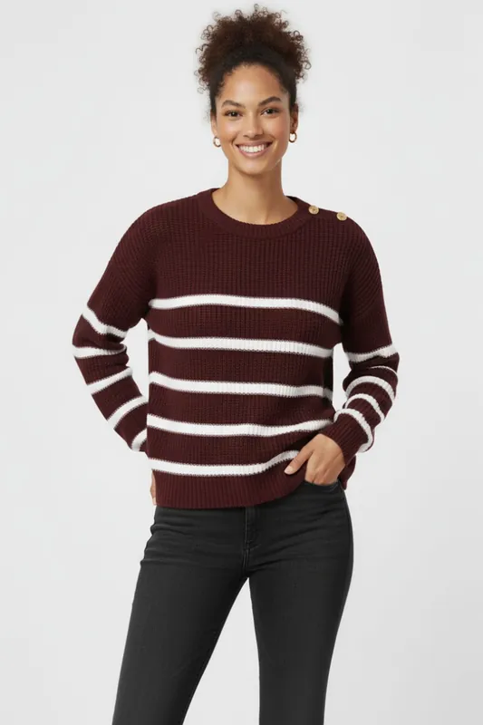 Striped Knitted Jumper with Button Detail - Knitwear