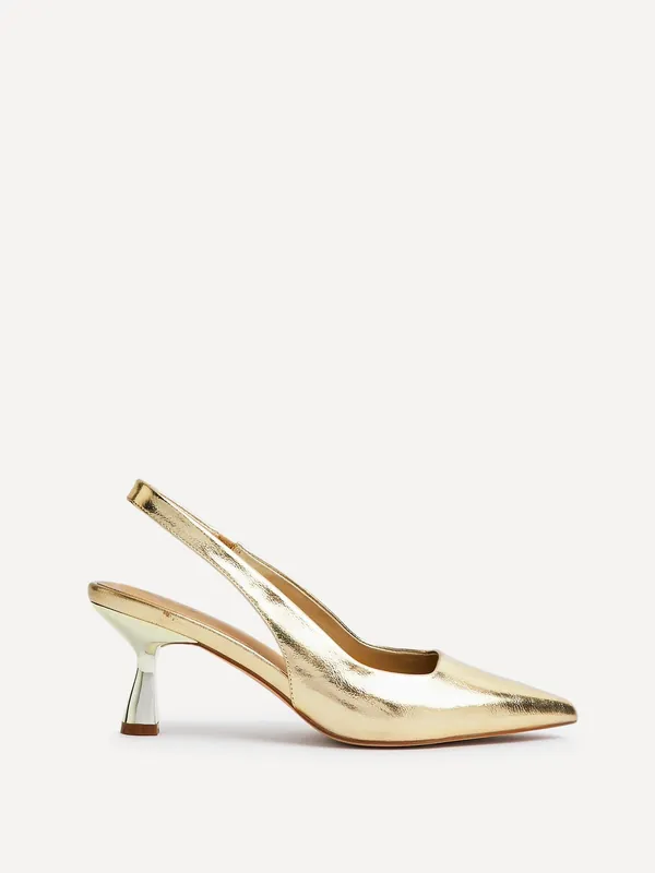 Presley Gold Faux Leather Sling Back Low Court Heel - Linzi