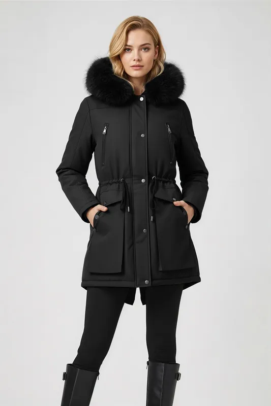 Hooded Mid-length Coat with Detachable Faux Fur Trim