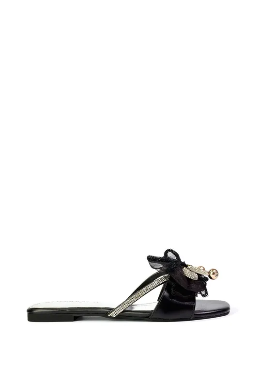 Zendaya' Mesh Diamante Bow Flat Sandal Square Toe Bridal Shoes - XY London