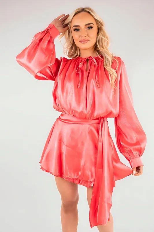 Laylani Satin Long Sleeve Ruffle Belted Mini Dress - IKRUSH
