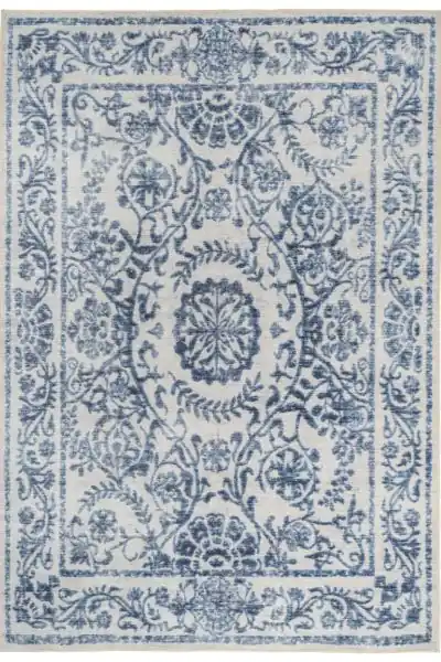 Blue Damask Floral Non Slip Washable Low Pile Rug - Kukoon