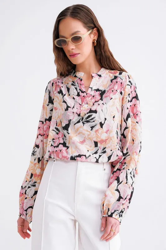 Floral Print Long Sleeve Mandarin Collar Blouse - MixRay