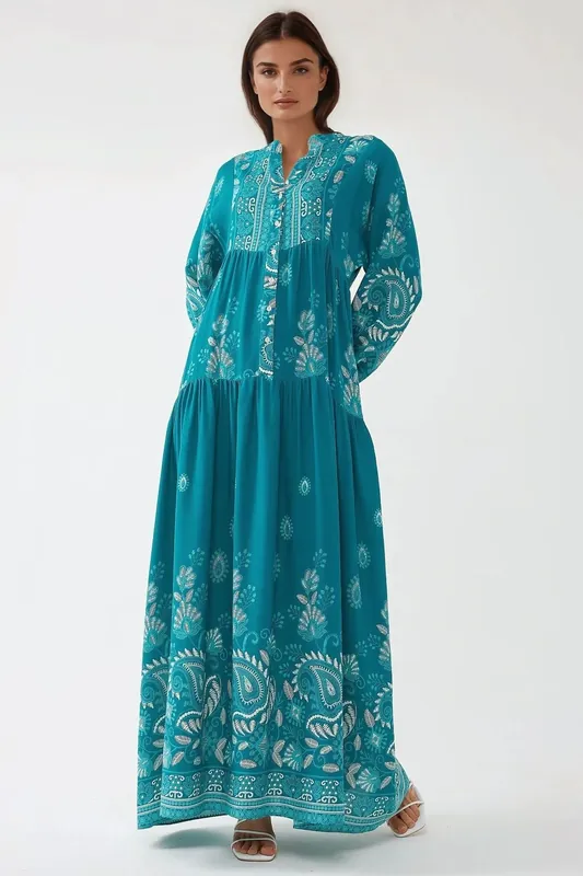 Printed Long Sleeve Viscose Maxi Dress - Hiccup