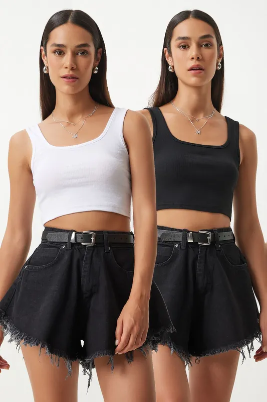 Slim Fit Ribbed Crop Blouse with Square Collar - Happiness Istanbul