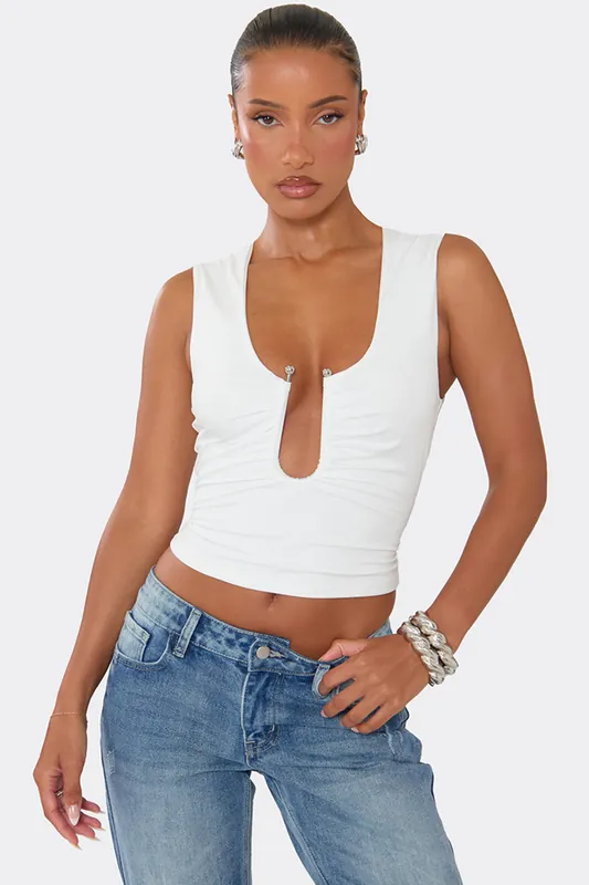Sleeveless Plunging Neckline Ruched Top - EGO
