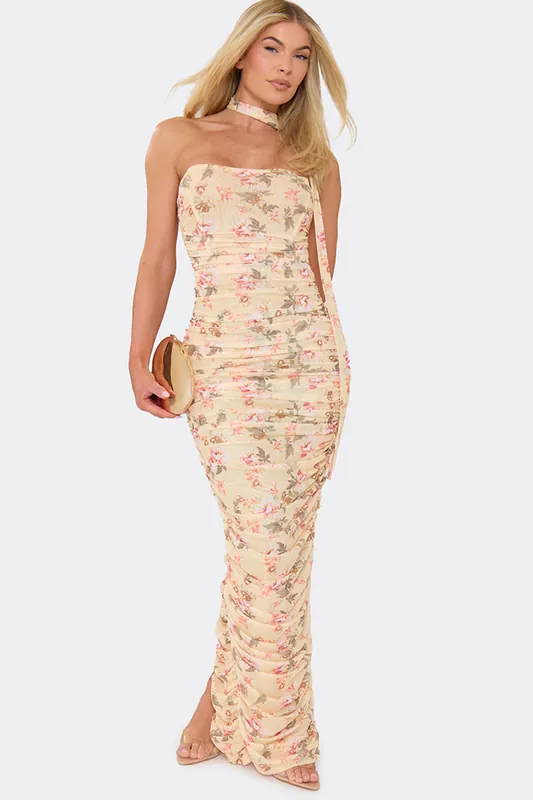 Sleeveless Ruched Floral Mesh Maxi Dress - EGO