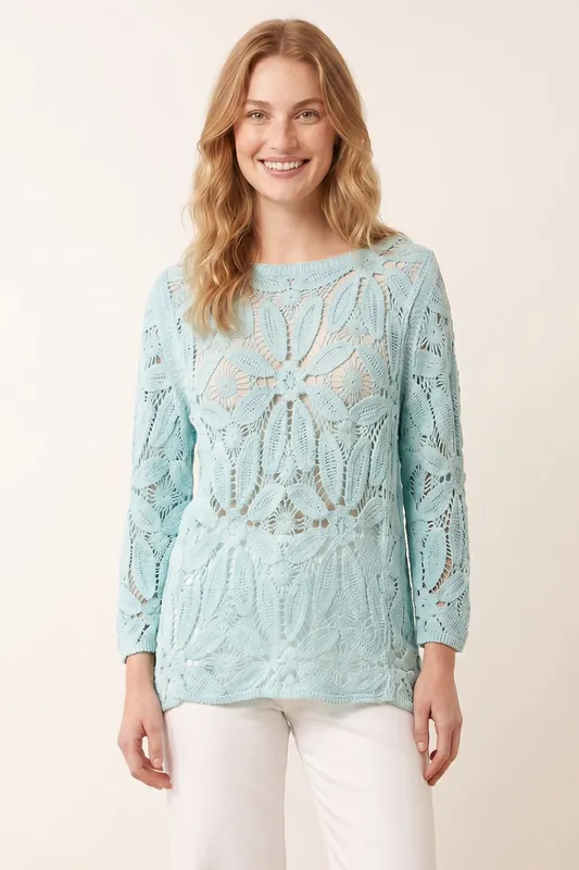 Aqua Flower Crochet Long Sleeve Top - Blue Vanilla