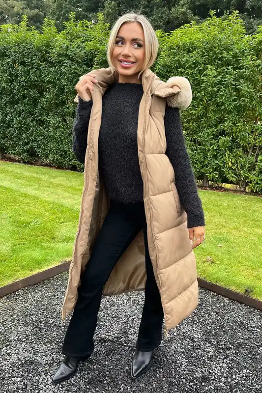 Biscuit Faux Fur Hooded Longline Padded Gilet - AX Paris