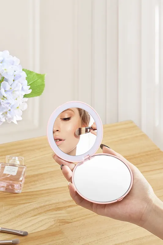 Portable LED Lighted Travel Makeup Mirror, Rechargeable Large 5" 1x/10x Travel Magnifying Mirror with Light - SHEONLY