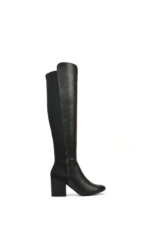 ‘Falcon’ Knee High Boots Elasticated Calf Fit Mid Block Heel - XY London