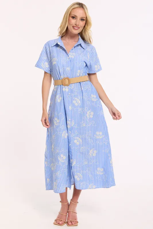 Blue Belted Embroidered Midi Dress - Liquorish
