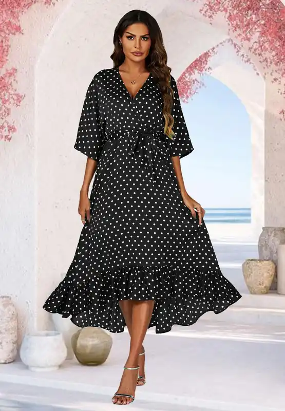 Polka Dot Print Wrap Top Kimono Sleeve Maxi Dress In Black - FS Collection