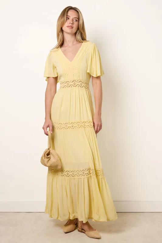 Lemon V-Neck Tiered Crochet Detail Maxi Dress