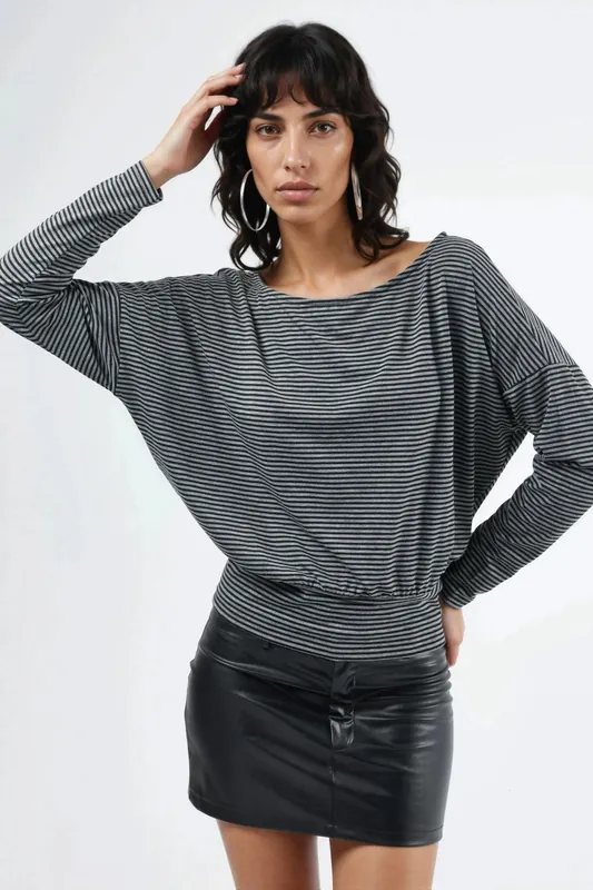 Striped Boat Neck Blouse - Busem