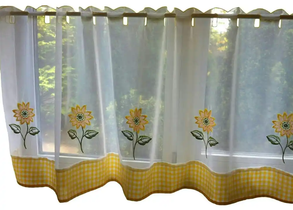 Sunflower Floral Checked Kitchen Voile Curtain Café Panels - Alan Symonds