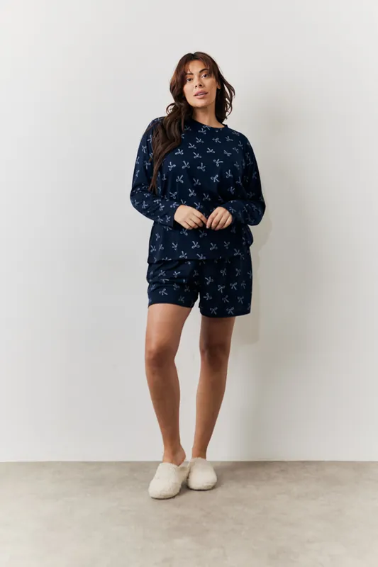 Navy Bow Print Long Sleeve and Short Set - In The Style