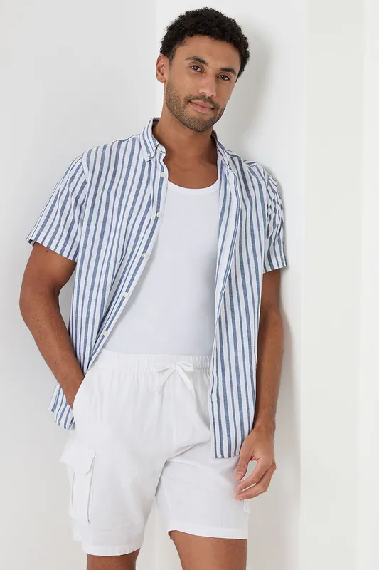 Stripe Linen Cotton Blend Short Sleeve Shirt - Threadbare