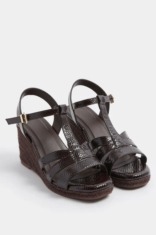 Faux Leather T-Bar Wedge Sandals In Wide E Fit