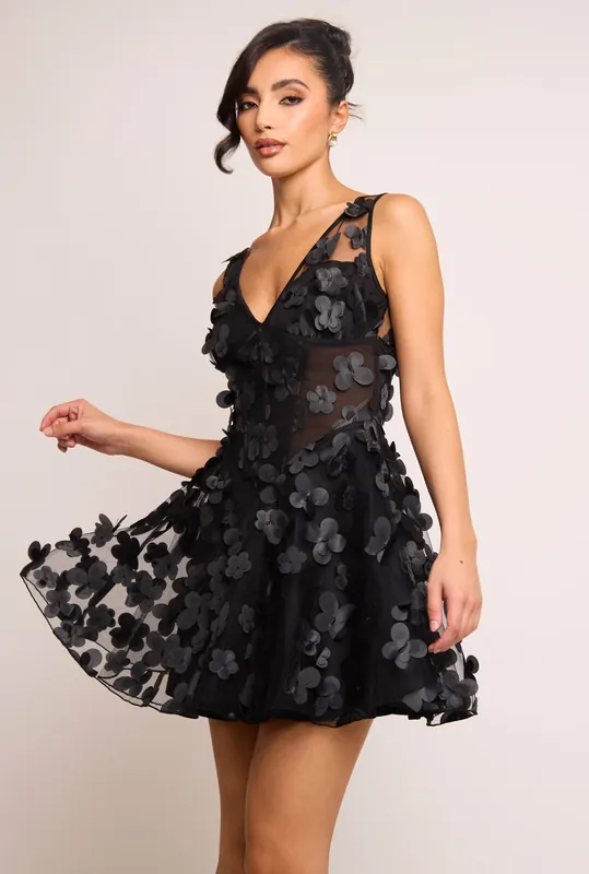 Jikara Black 3D Floral Butterfly A Line Mini Dress - Jaded Rose