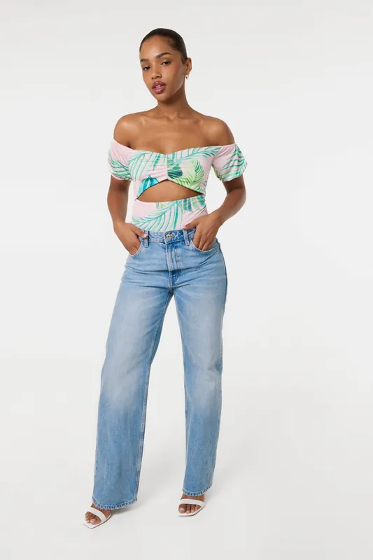 Pink Tropical Bardot Cut-Out Bodysuit